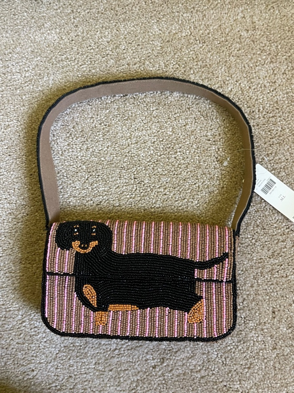 Anthropologie Pink and Black Beaded Dachshund Shoulder Bag